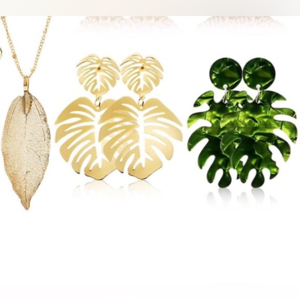Tropical palm leaf earrings and leaf necklace vacation set in gold & green NWT - Picture 3 of 16